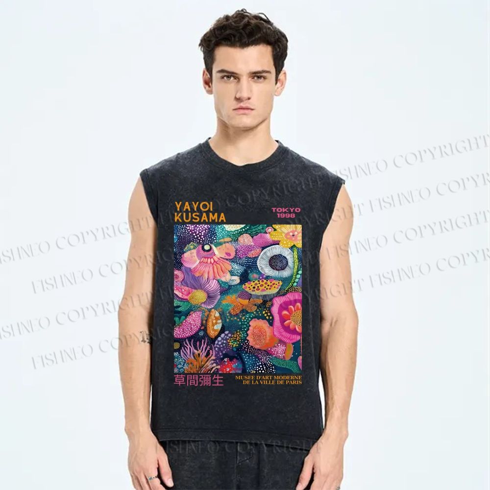 Unisex Yayoi Kusama Multicolor Flowers Printed Washed Tank Top