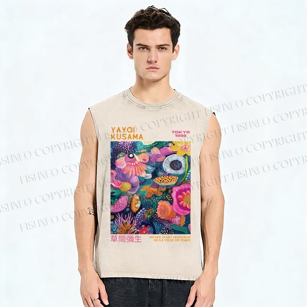 Unisex Yayoi Kusama Multicolor Flowers Printed Washed Tank Top