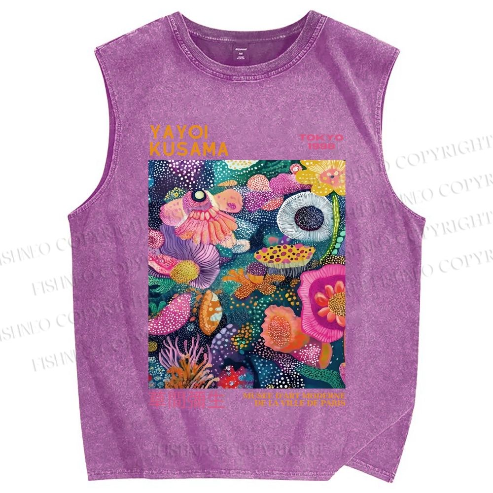 Unisex Yayoi Kusama Multicolor Flowers Printed Washed Tank Top