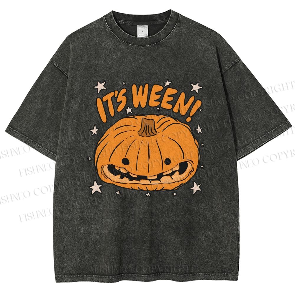 Unisex Halloween Pumpkin Its Ween Printed Washed Tee