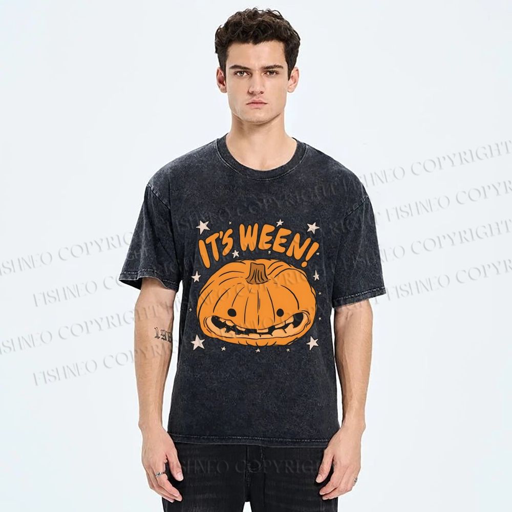 Unisex Halloween Pumpkin Its Ween Printed Washed Tee