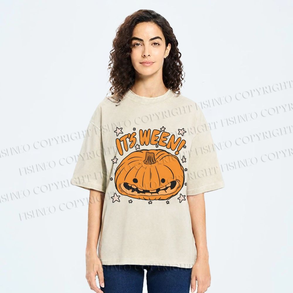 Unisex Halloween Pumpkin Its Ween Printed Washed Tee