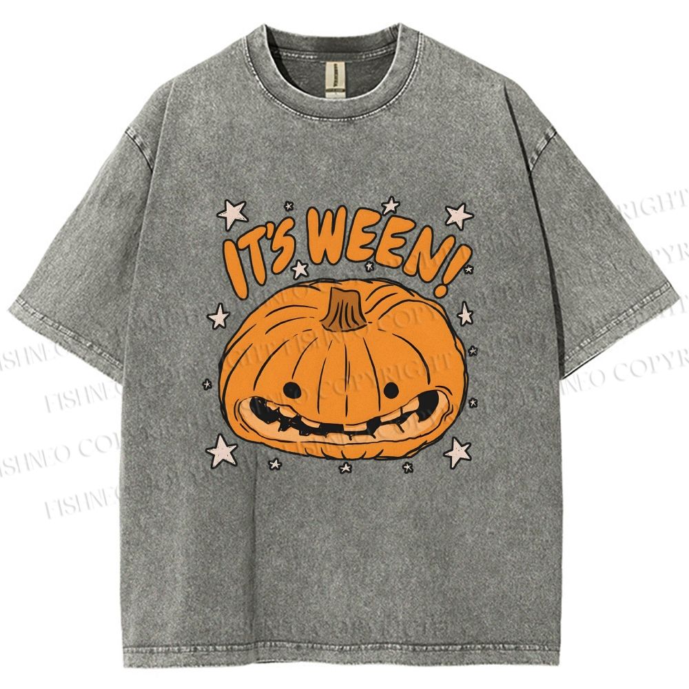Unisex Halloween Pumpkin Its Ween Printed Washed Tee
