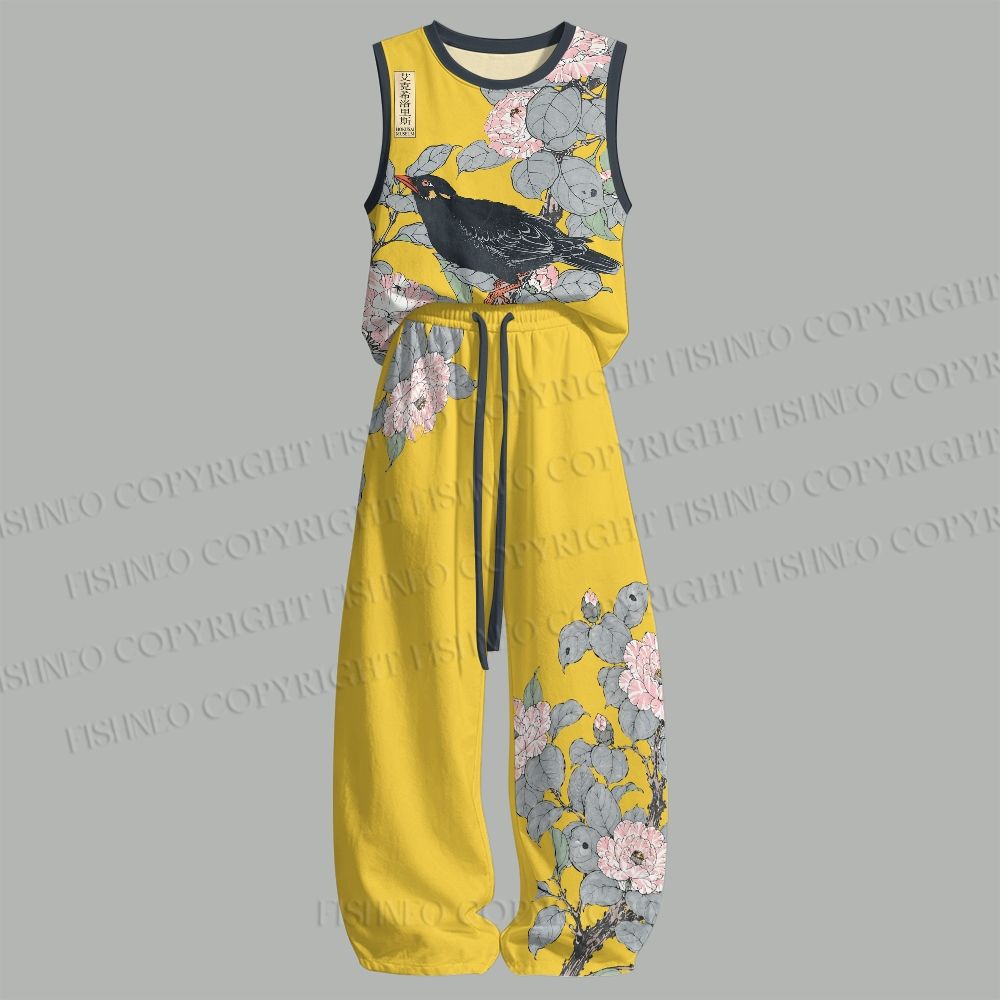 Unisex Vintage Bird in Flowers Loose Tank Top Set