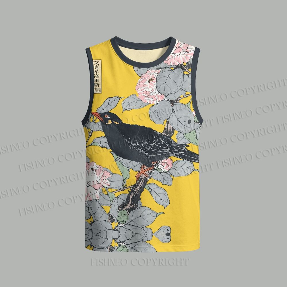 Unisex Vintage Bird in Flowers Loose Tank Top Set