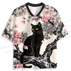 Vintage Black Cat on Sakura Tree Jersey Shirts