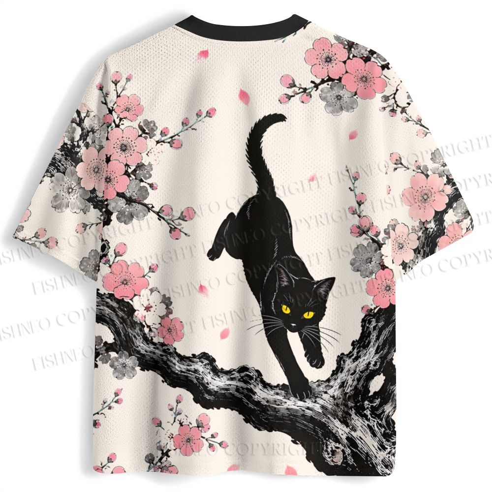 Vintage Black Cat on Sakura Tree Jersey Shirts
