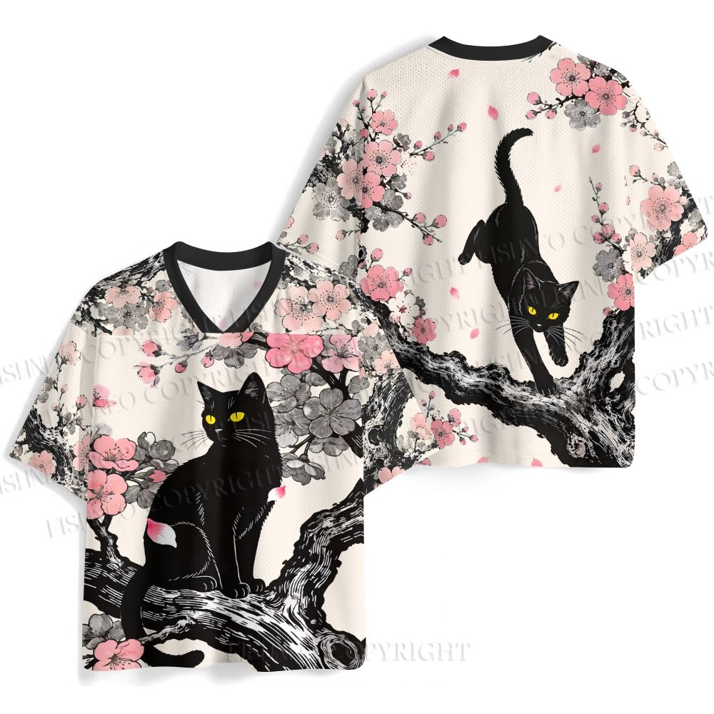 Vintage Black Cat on Sakura Tree Jersey Shirts
