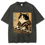 Unisex Music Cat Vintage Wash Japanese Design T-Shirt
