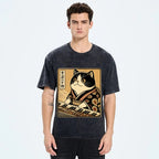 Unisex Music Cat Vintage Wash Japanese Design T-Shirt