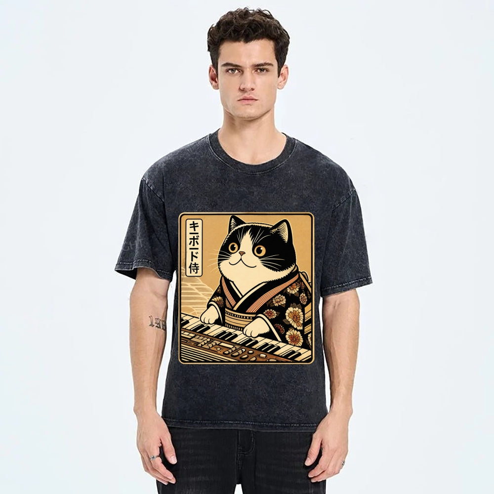 Unisex Music Cat Vintage Wash Japanese Design T-Shirt