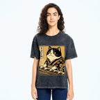 Unisex Music Cat Vintage Wash Japanese Design T-Shirt