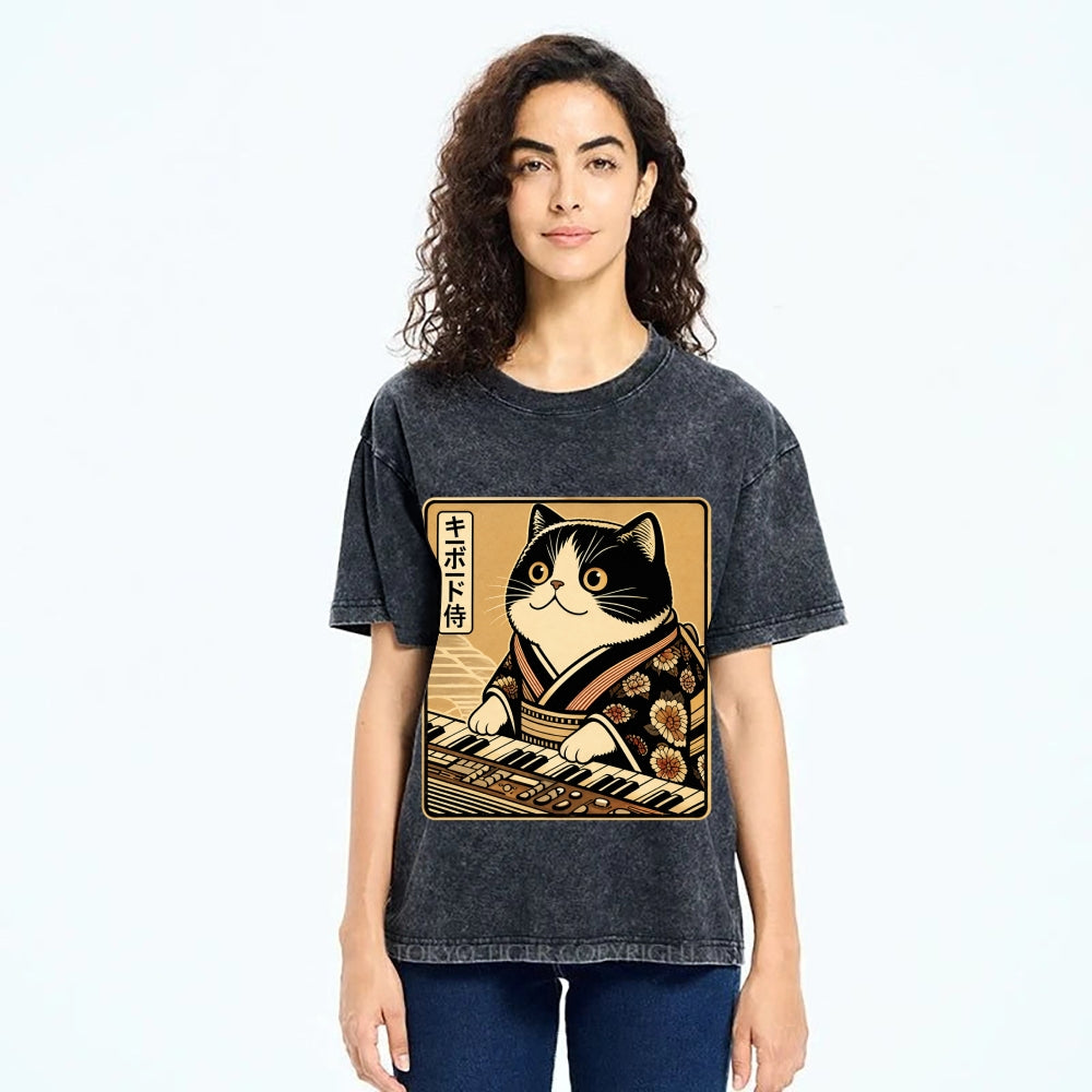 Unisex Music Cat Vintage Wash Japanese Design T-Shirt