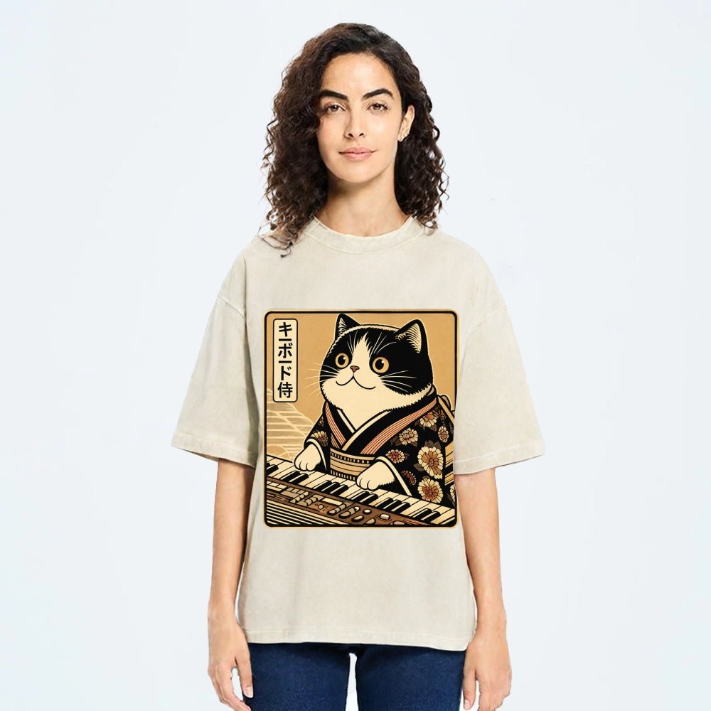 Unisex Music Cat Vintage Wash Japanese Design T-Shirt