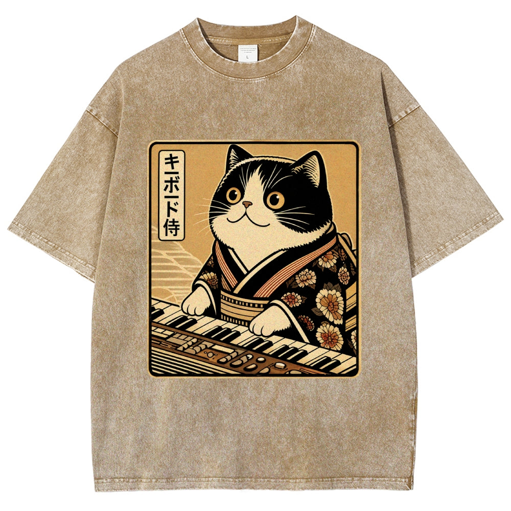 Unisex Music Cat Vintage Wash Japanese Design T-Shirt