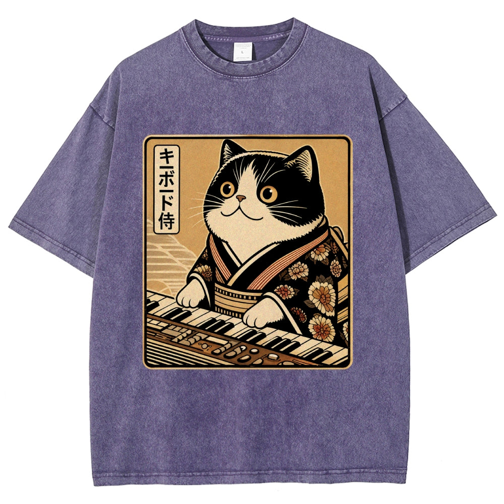 Unisex Music Cat Vintage Wash Japanese Design T-Shirt