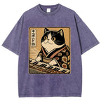 Unisex Music Cat Vintage Wash Japanese Design T-Shirt