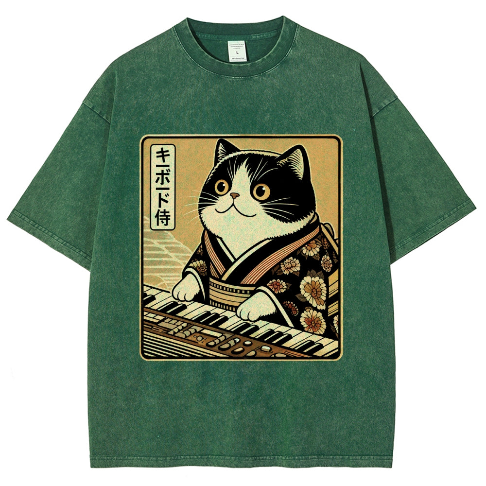 Unisex Music Cat Vintage Wash Japanese Design T-Shirt