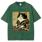 Unisex Music Cat Vintage Wash Japanese Design T-Shirt