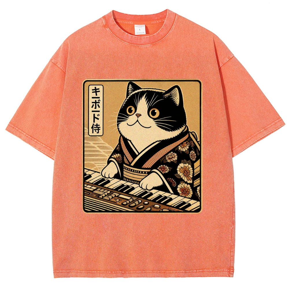 Unisex Music Cat Vintage Wash Japanese Design T-Shirt