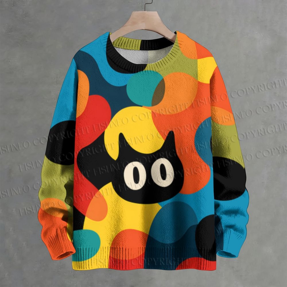 Black Cat in Multicolor Art Crew Neck Sweater