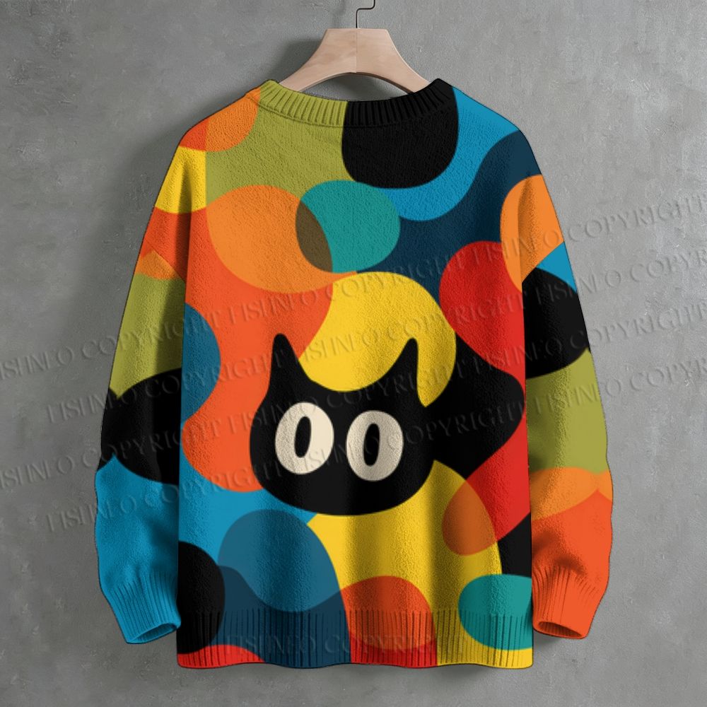 Black Cat in Multicolor Art Crew Neck Sweater
