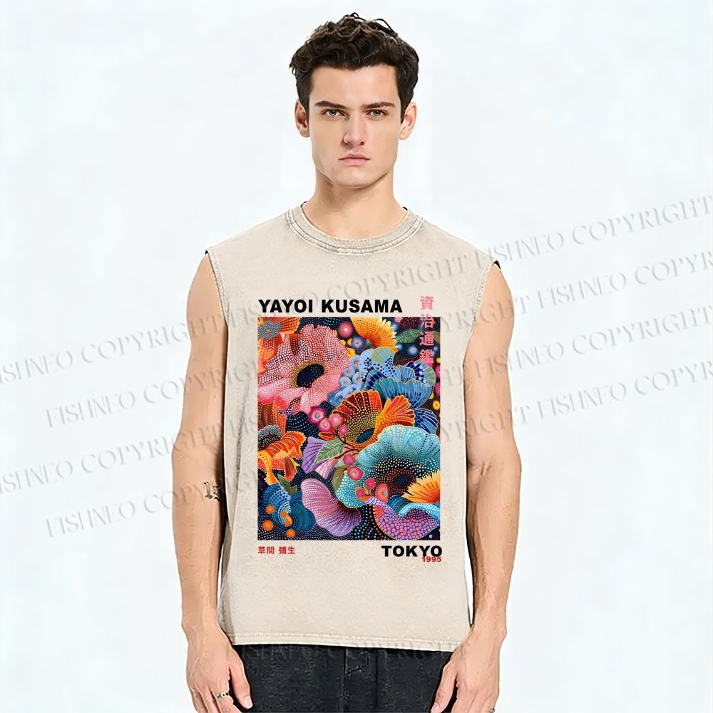 Unisex Yayoi Kusama Multicolor Flowers Printed Washed Tank Top