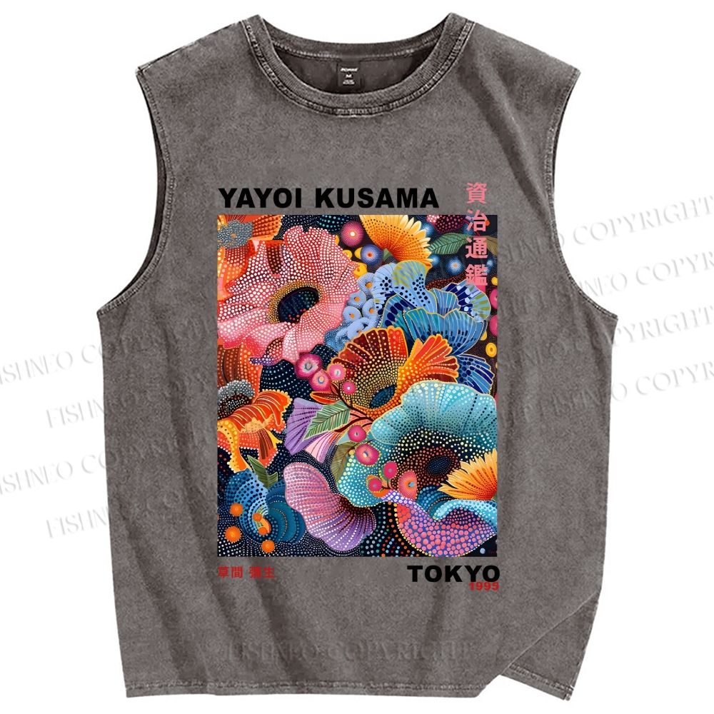 Unisex Yayoi Kusama Multicolor Flowers Printed Washed Tank Top