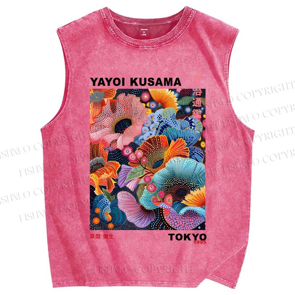 Unisex Yayoi Kusama Multicolor Flowers Printed Washed Tank Top