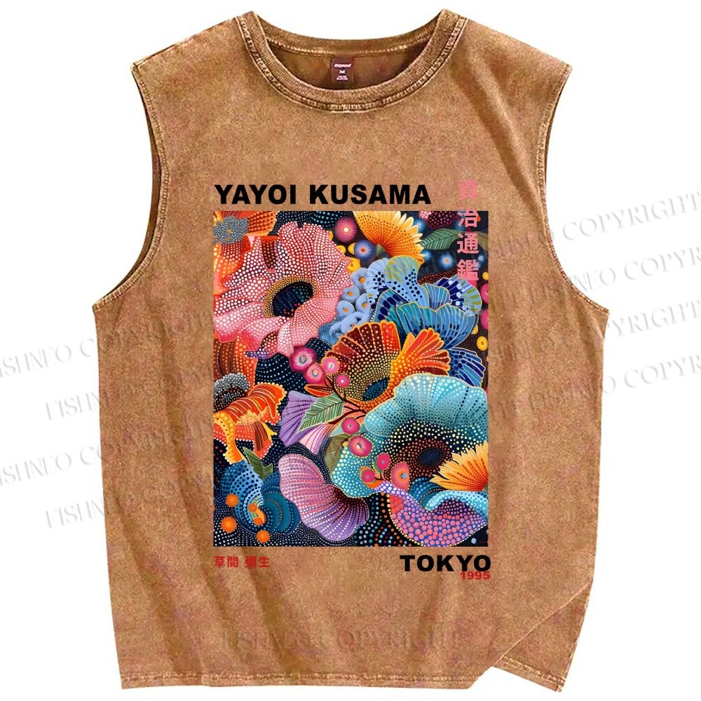 Unisex Yayoi Kusama Multicolor Flowers Printed Washed Tank Top