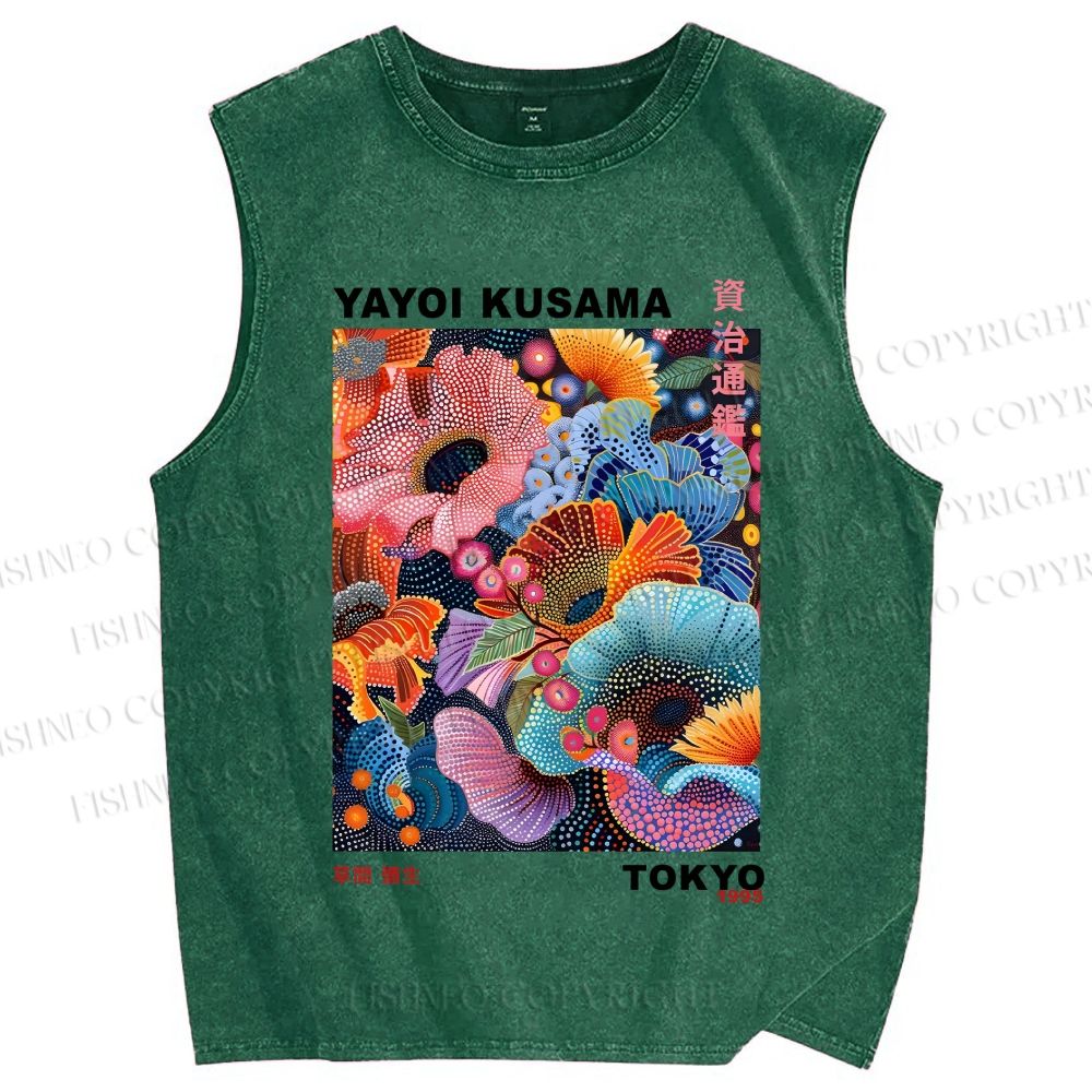 Unisex Yayoi Kusama Multicolor Flowers Printed Washed Tank Top