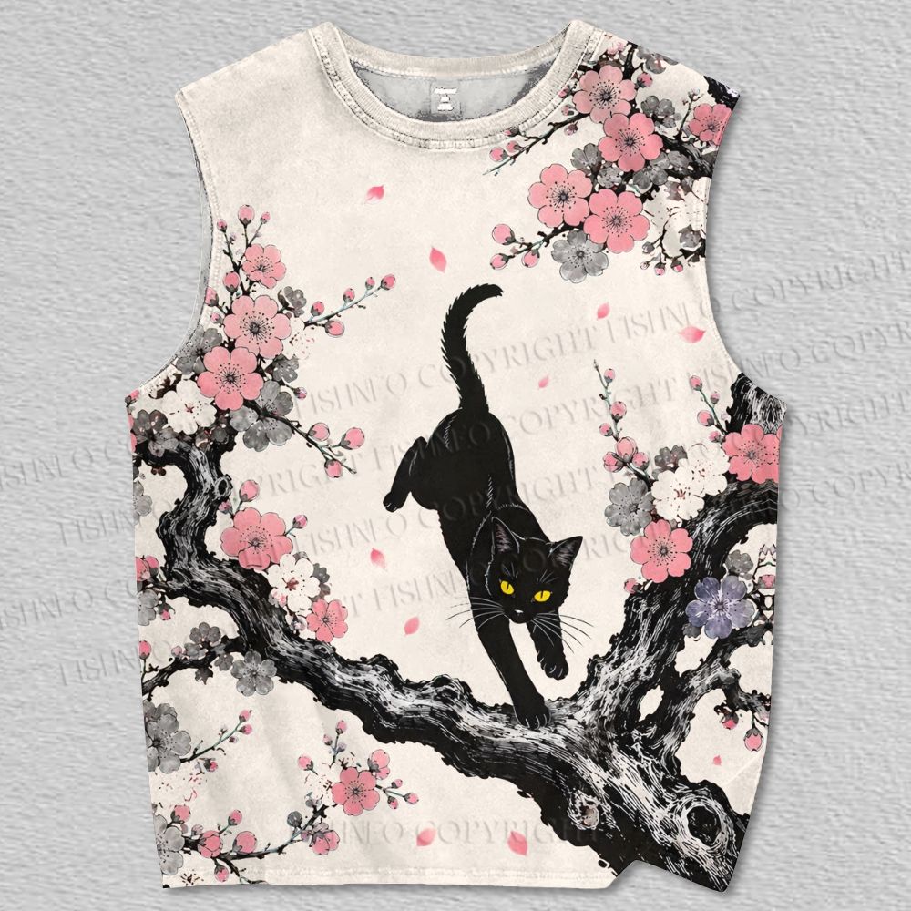 Unisex Vintage Black Cat on Sakura Tree Printed Tank Top