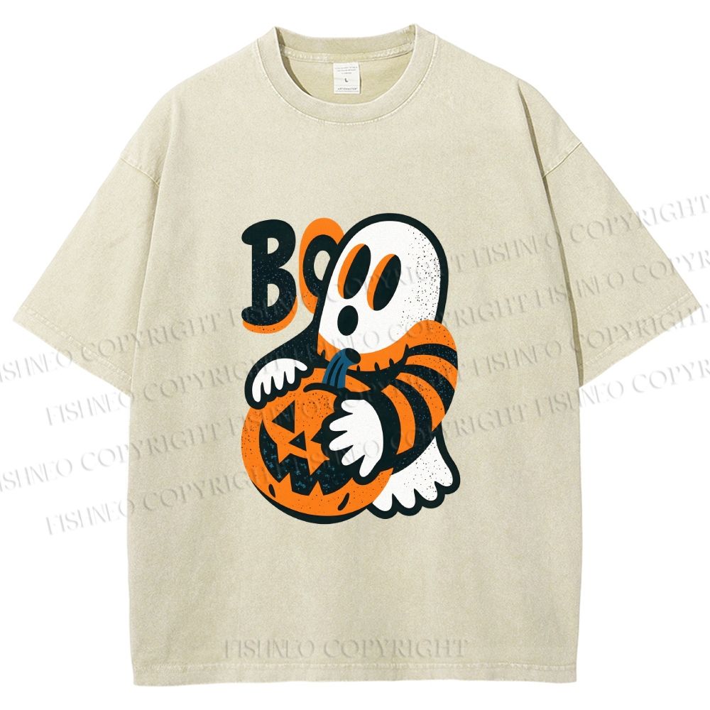 Unisex Ghost With Halloween Pumpkin Printed Washed Tee