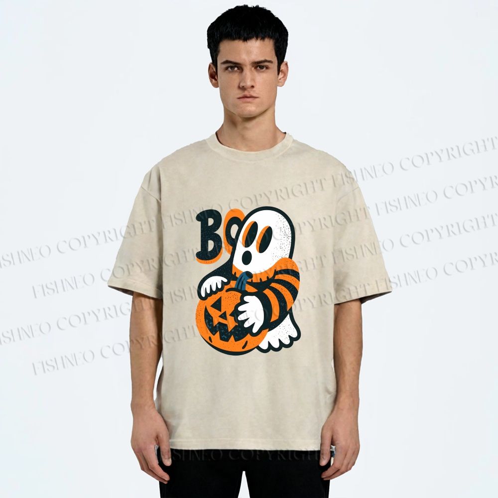 Unisex Ghost With Halloween Pumpkin Printed Washed Tee