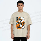 Unisex Ghost With Halloween Pumpkin Printed Washed Tee