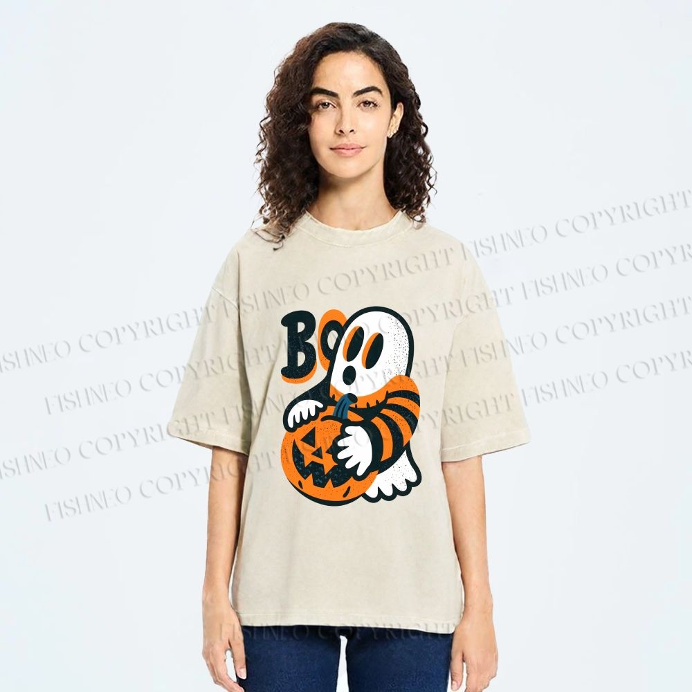 Unisex Ghost With Halloween Pumpkin Printed Washed Tee