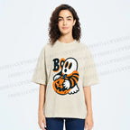 Unisex Ghost With Halloween Pumpkin Printed Washed Tee
