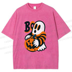 Unisex Ghost With Halloween Pumpkin Printed Washed Tee
