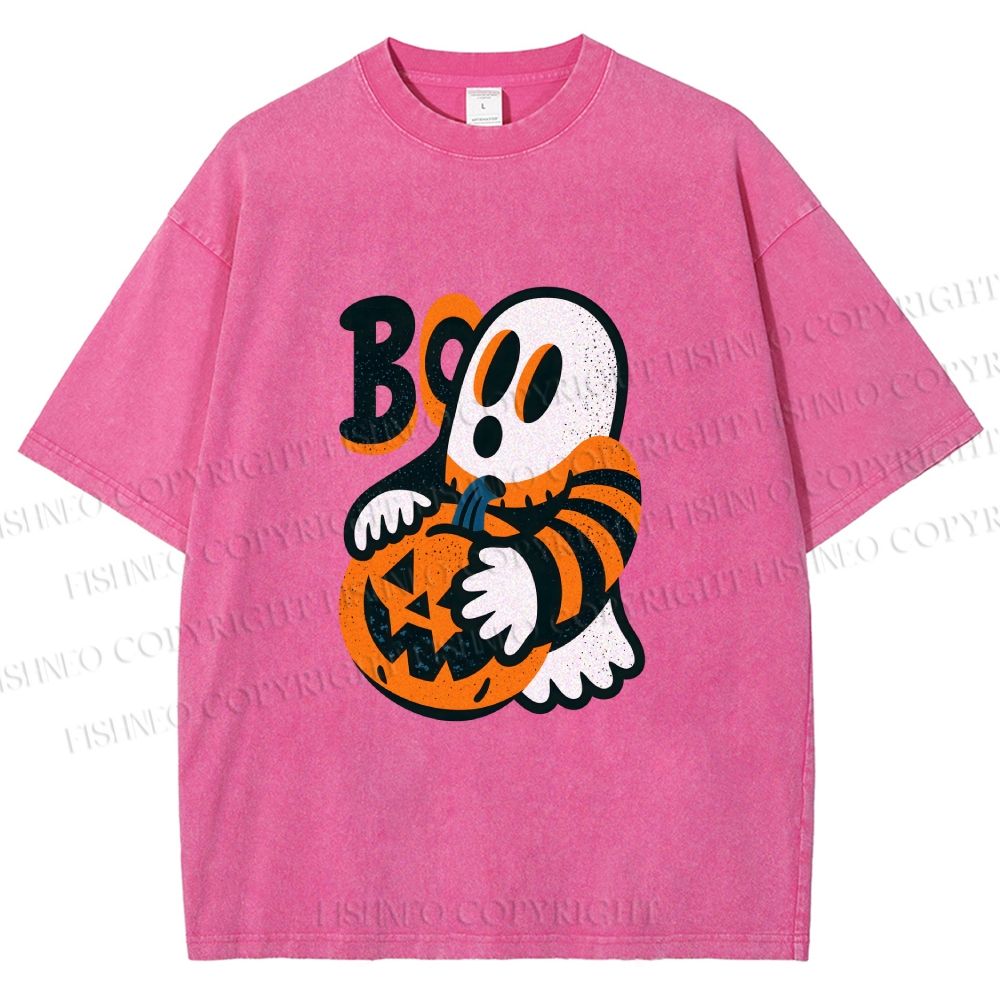 Unisex Ghost With Halloween Pumpkin Printed Washed Tee