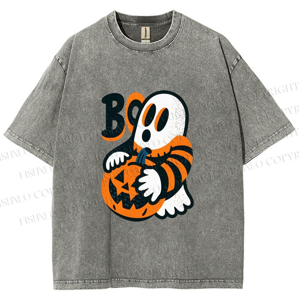 Unisex Ghost With Halloween Pumpkin Printed Washed Tee
