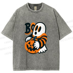 Unisex Ghost With Halloween Pumpkin Printed Washed Tee