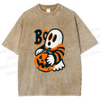 Unisex Ghost With Halloween Pumpkin Printed Washed Tee