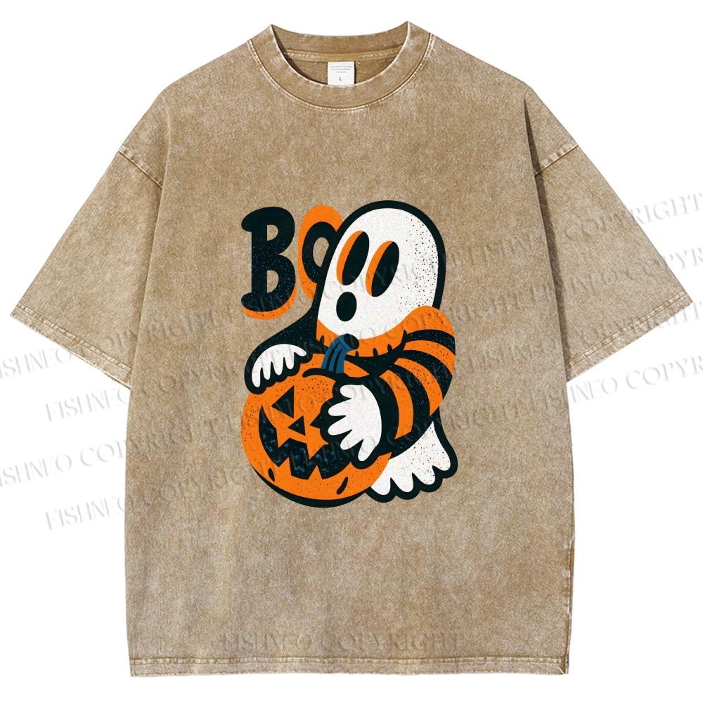 Unisex Ghost With Halloween Pumpkin Printed Washed Tee