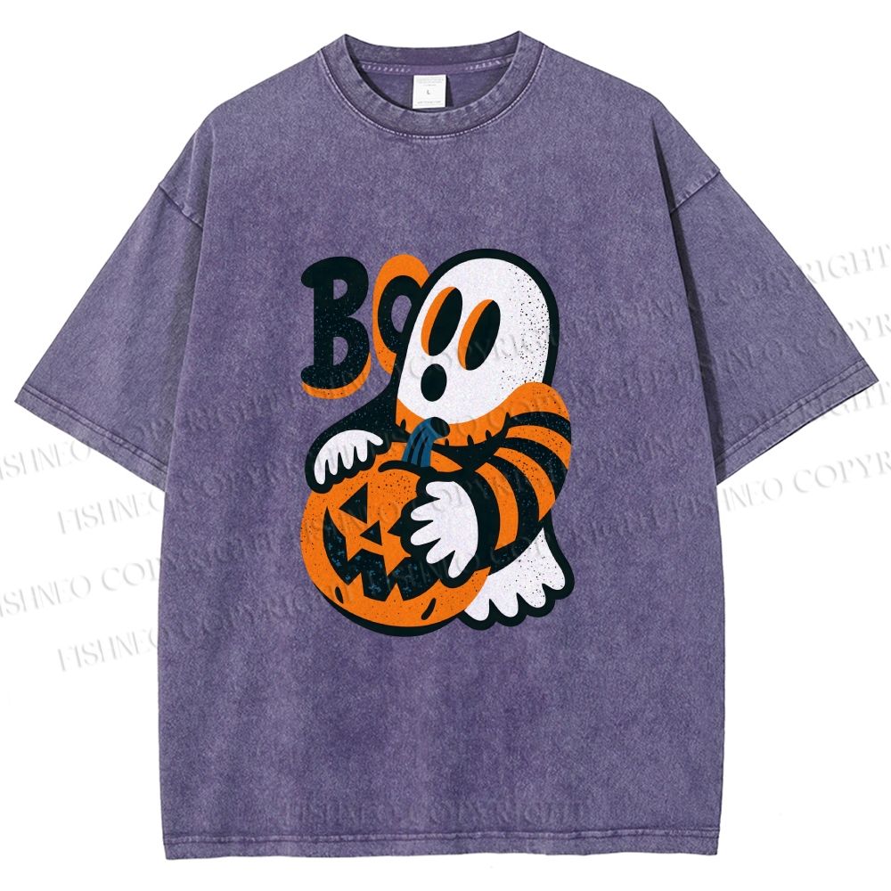 Unisex Ghost With Halloween Pumpkin Printed Washed Tee