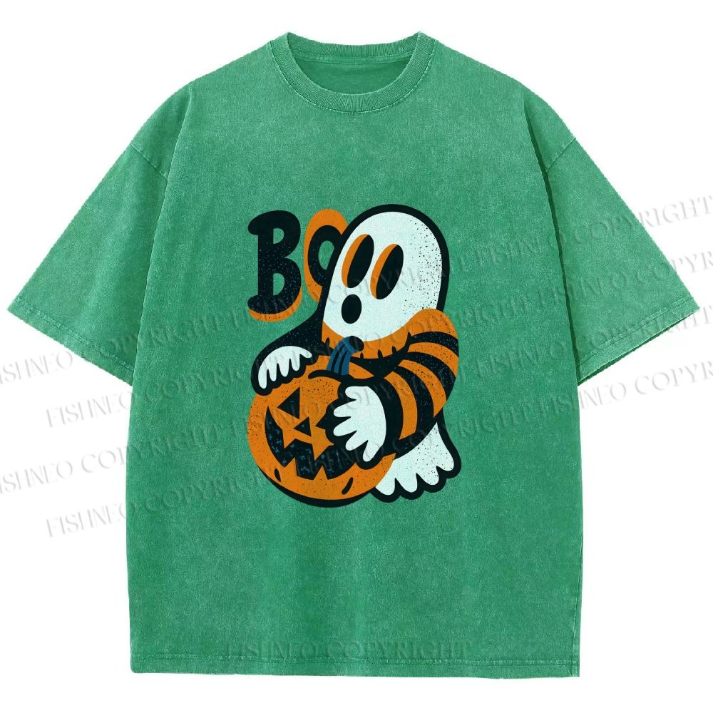 Unisex Ghost With Halloween Pumpkin Printed Washed Tee