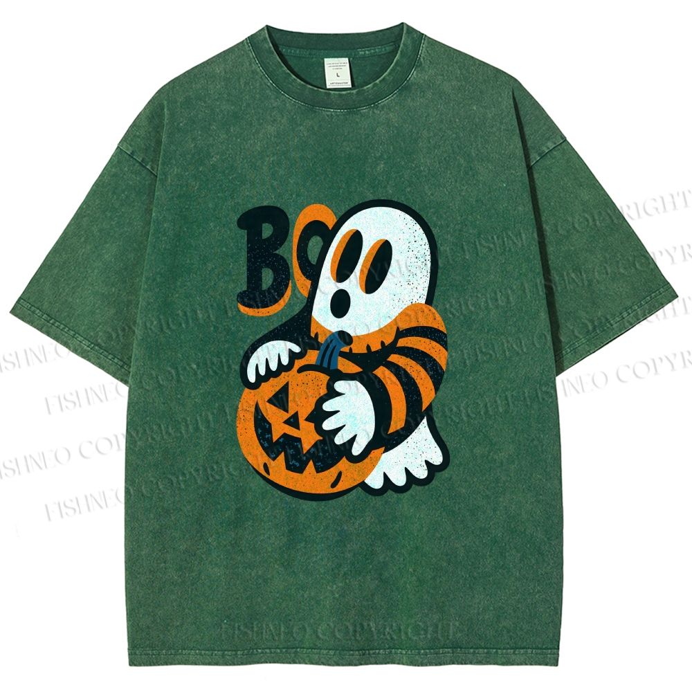 Unisex Ghost With Halloween Pumpkin Printed Washed Tee