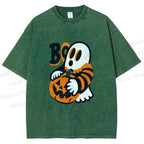 Unisex Ghost With Halloween Pumpkin Printed Washed Tee