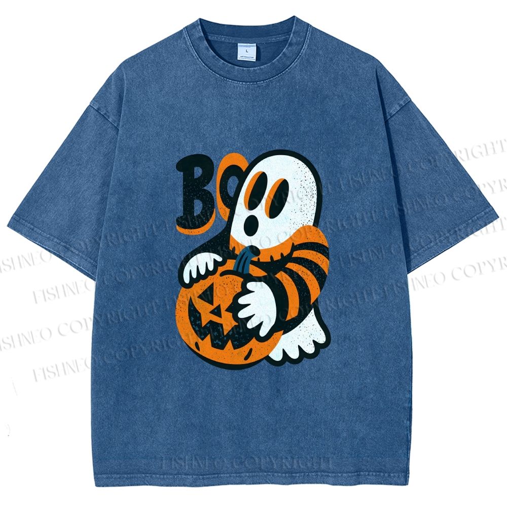 Unisex Ghost With Halloween Pumpkin Printed Washed Tee