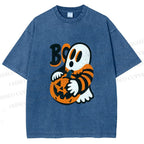 Unisex Ghost With Halloween Pumpkin Printed Washed Tee