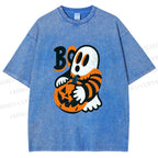 Unisex Ghost With Halloween Pumpkin Printed Washed Tee